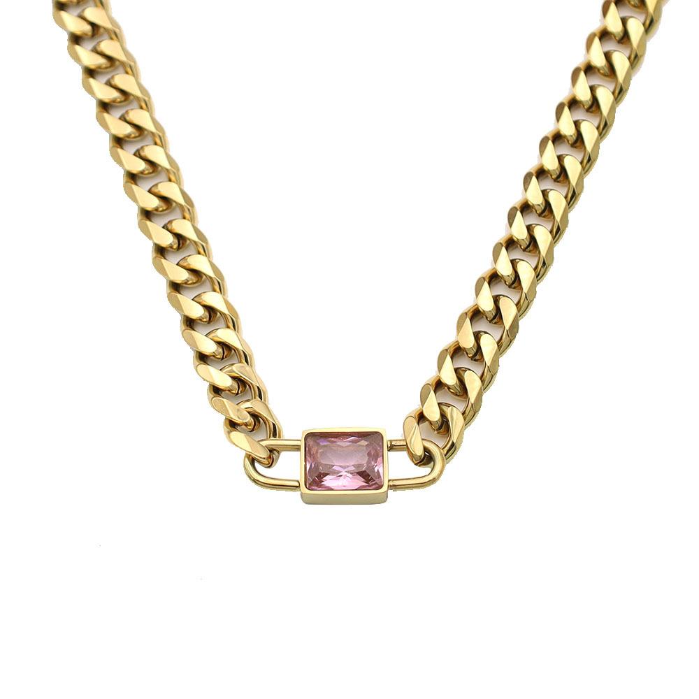 Personalized Trend Square Zircon Cuban Chain Necklace Women'S 18K Gold Titanium Steel Non-Fading Jewelry