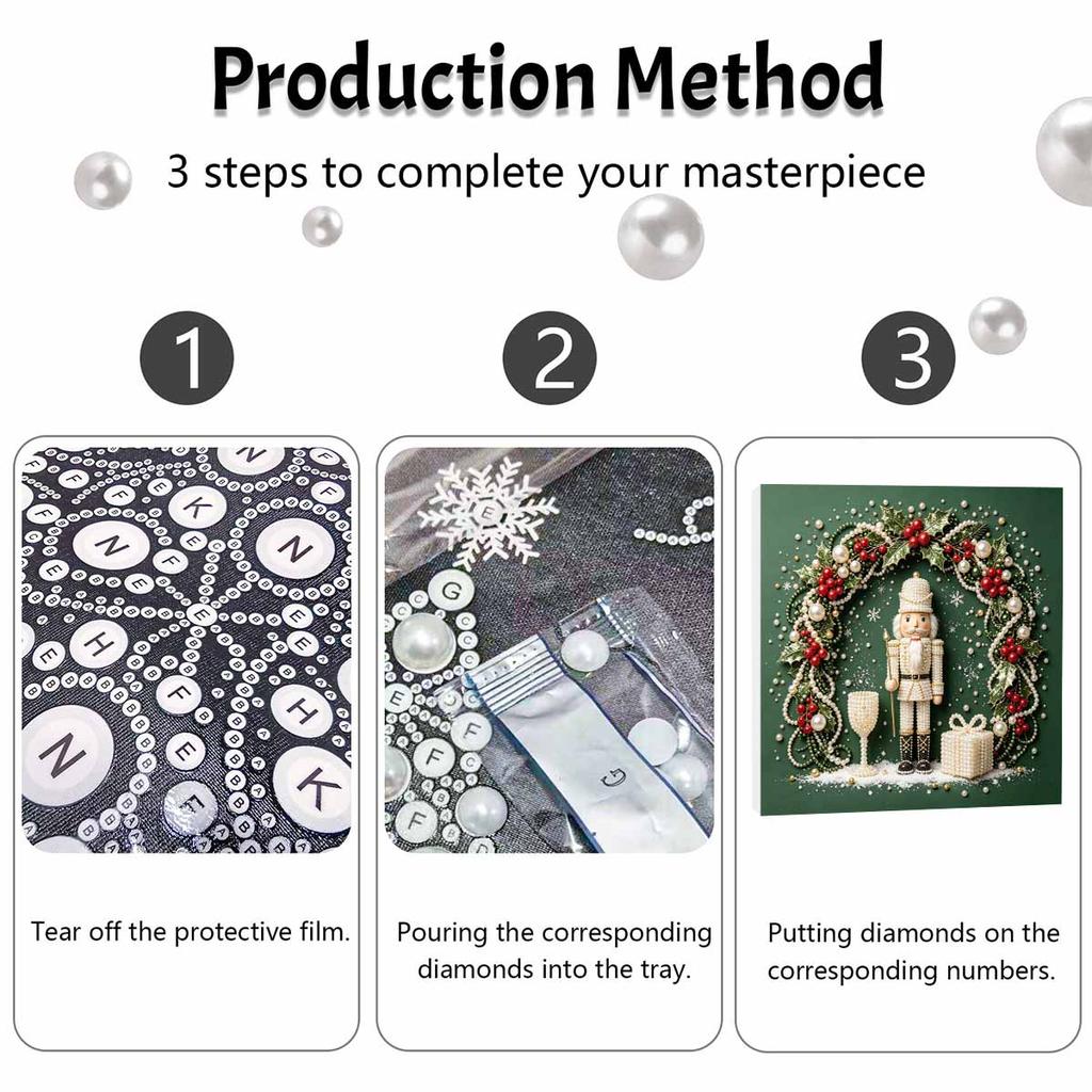 Framed Pearl Art DIY Kit with Christmas Nutcracker and Holly Wreath 3D Sparkling Bead Canvas Painting Handmade Gift for Home Decoration