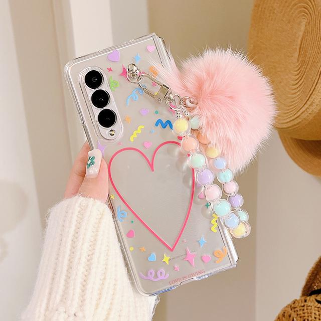 Colorful Heart Purikura Photo Frame Beads Bracelet Plush Pendant Phone Case For Samsung Galaxy Z Fold 3 Hard Transparent Cover