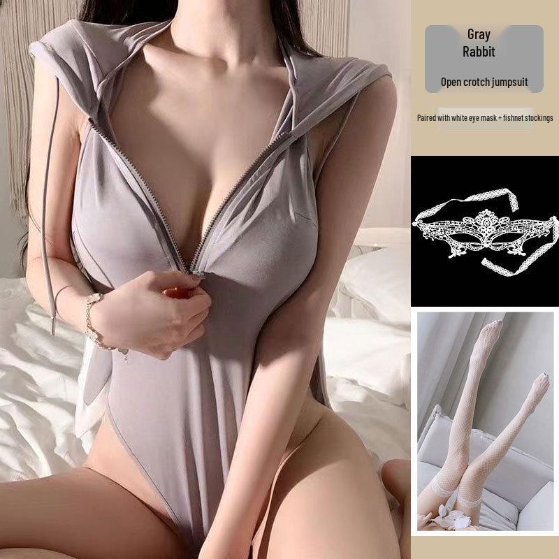 Mu Xiaochu Zipper Open Cup Bodycon Push-Up Bunny Bodysuit Lingerie