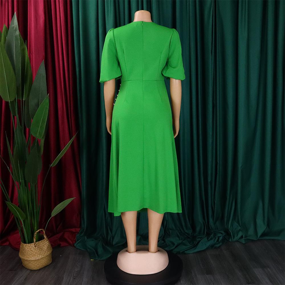 Women's Fashion Summer Spring Solid Color Print Short Sleeve O-Neck High Waist Casual Dresses