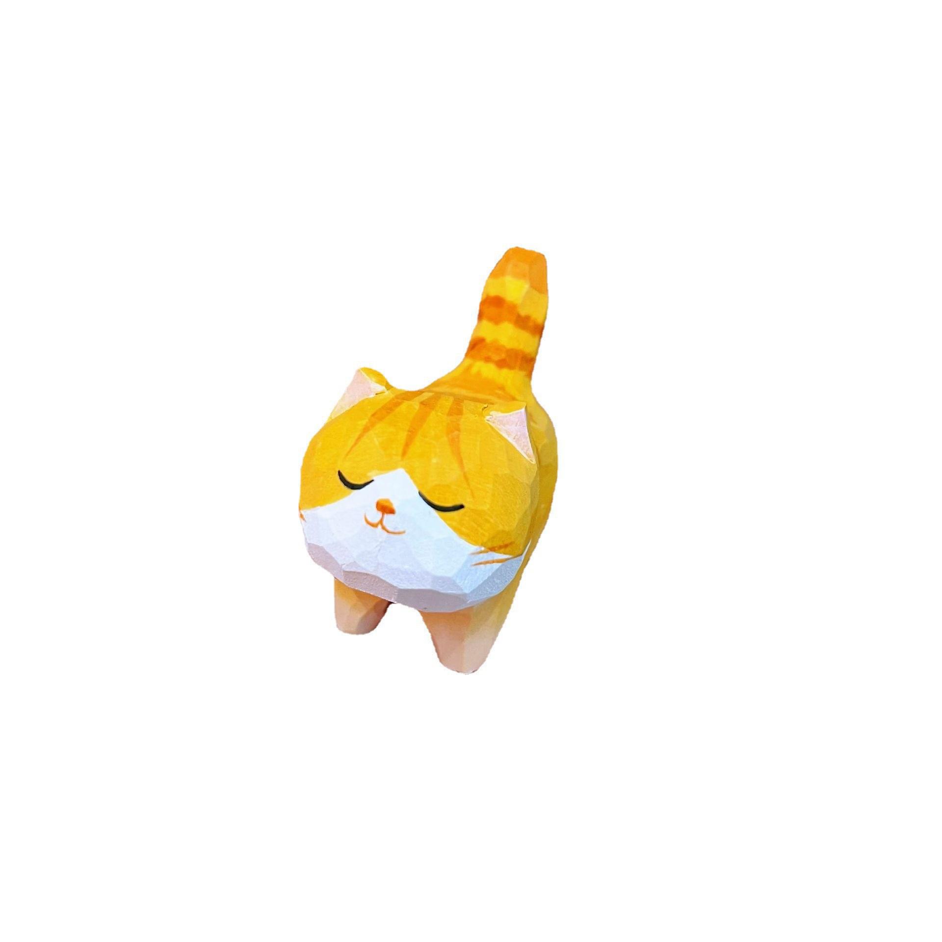 Miniature Wooden Orange Cat Figurine Lovely Hand Carved Lucky Cat Home Decoration office desk Accessories,As a gift cat lovers