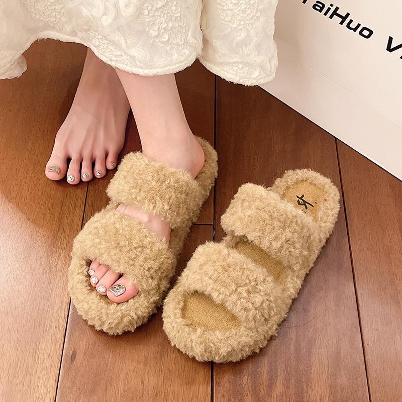 Women’s Cross Band Fur Slippers Indoor Furry Fuzzy Open Toe Shoes Warm Slides Double Straps Slipper Soft Sole Non Slip