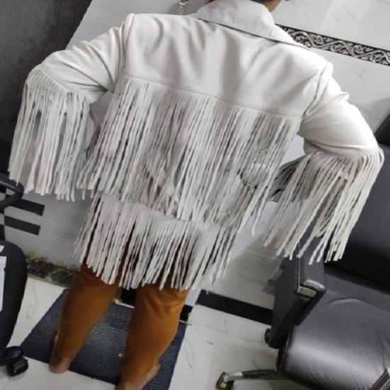 Noora Women's White Genuine Lambskin Leather TRENCH Coat, Western Style TASSEL Jacket, Boho COWGIRL Fringed Style Leather Long Coat, Gift for Her