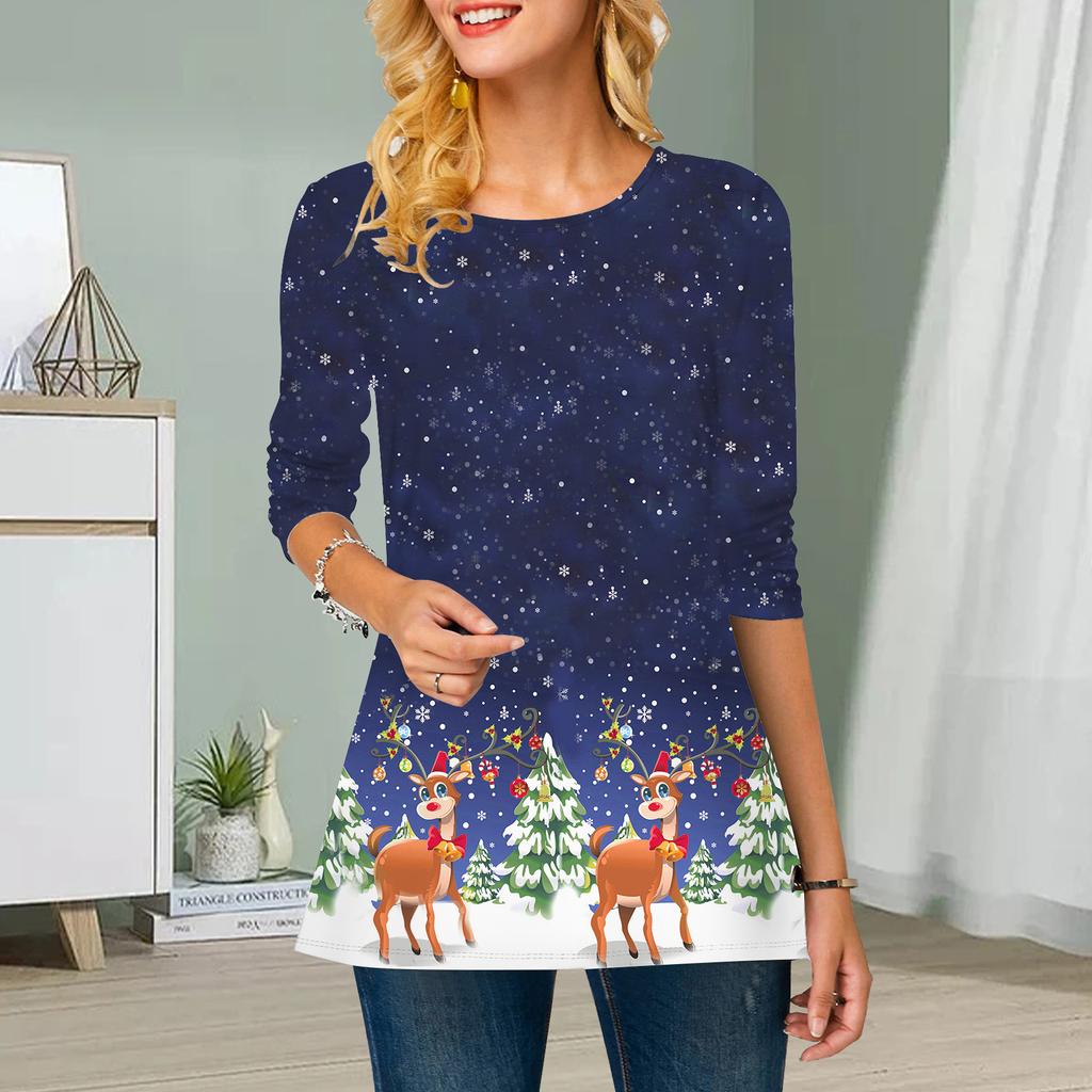 Übergröße Damen Blumen Schneeflockendruck Rundhals Lässiges lockeres Langarmoberteil