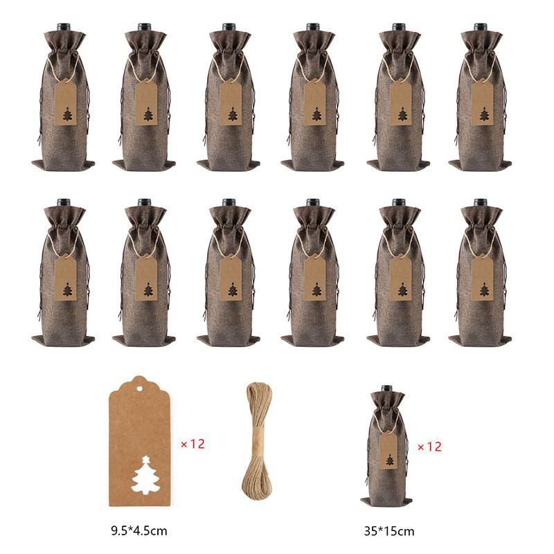 12Pcs Linen Drawstring Wine Bottle Covers With Tags and Linen Rope Dustproof Red Wine Packaging Bag Xmas Christmas Party Decor