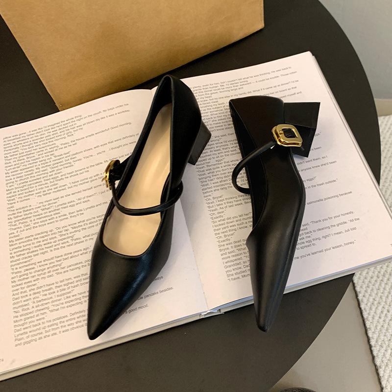 

Ретро туфли-лодочки женские 2025 новая мода острый носок средний каблук Мэри Джейн женская обувь толстый каблук весна и лето туфли на высоком каблуке 40 чёрный
