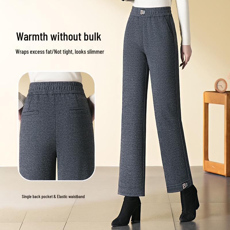 2024 Autumn/Winter High-Waisted Wool Slimming Straight-Leg Cropped Warm Pants for Middle-Aged Women