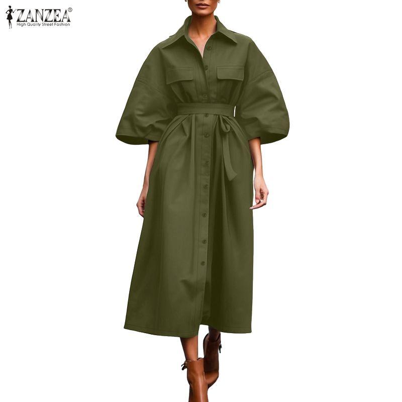 ZANZEA Women Casual Turn Down Collar Loose Half Sleeve Dress
