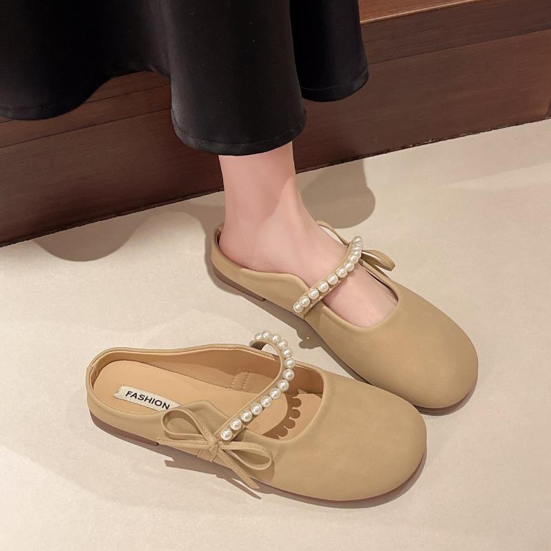 Baotou Flat Shoes Spring New Round Head Shallow Mouth Bead Butterfly Knot Soft Sole Anti-slip Wear-resistant Slippers