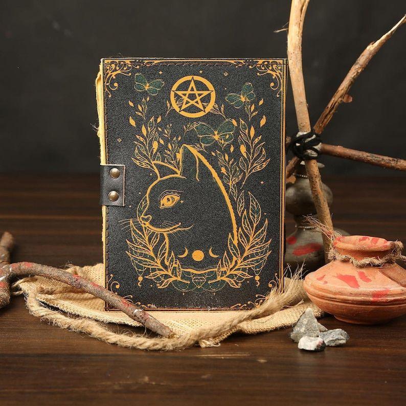 Blank Leather Spell Book: Cat Design Grimoire, Handmade Journal
