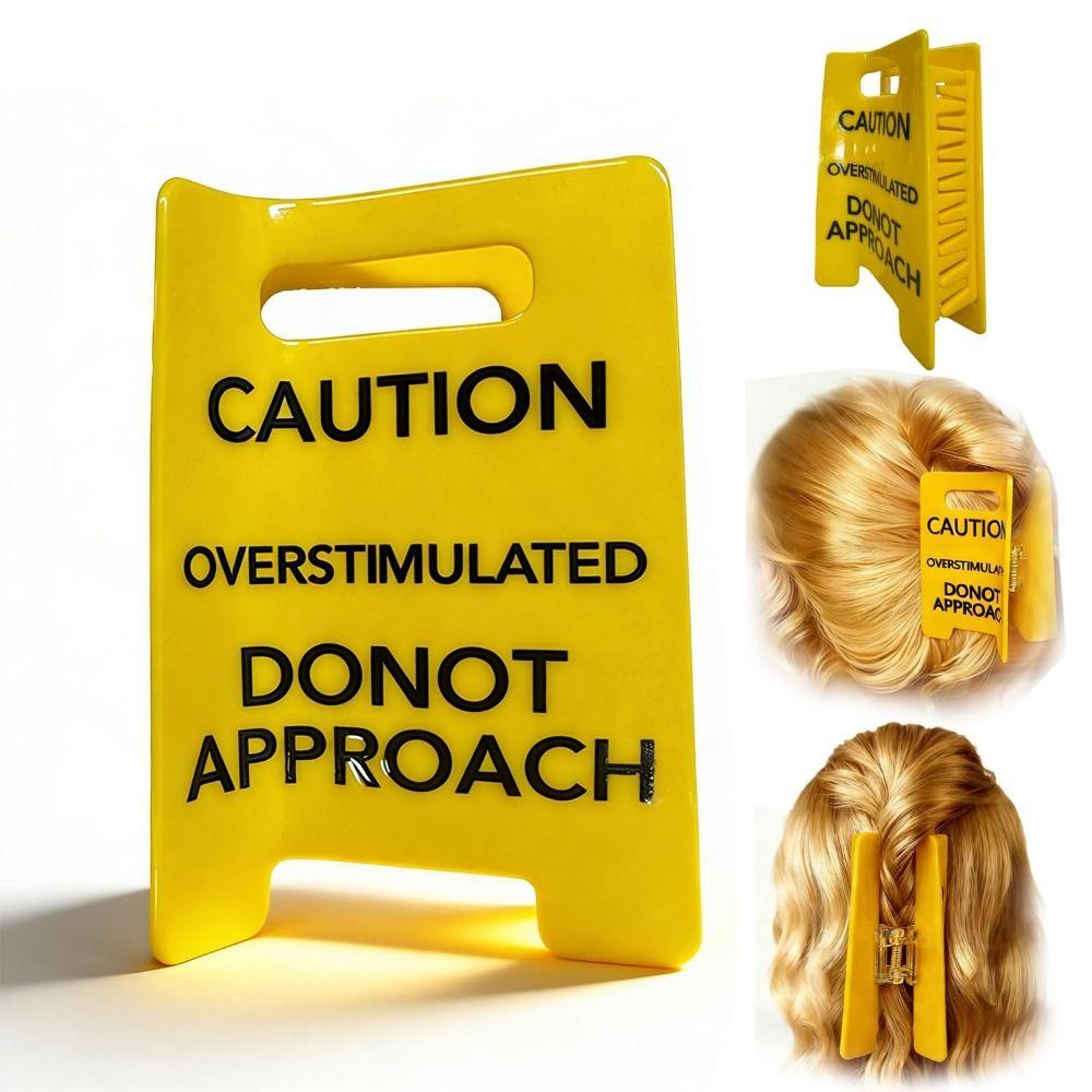Strong Grip Overstimulated Hair Claw Clip Vibrant Yellow Warning Ponytail Holder  Mental Health