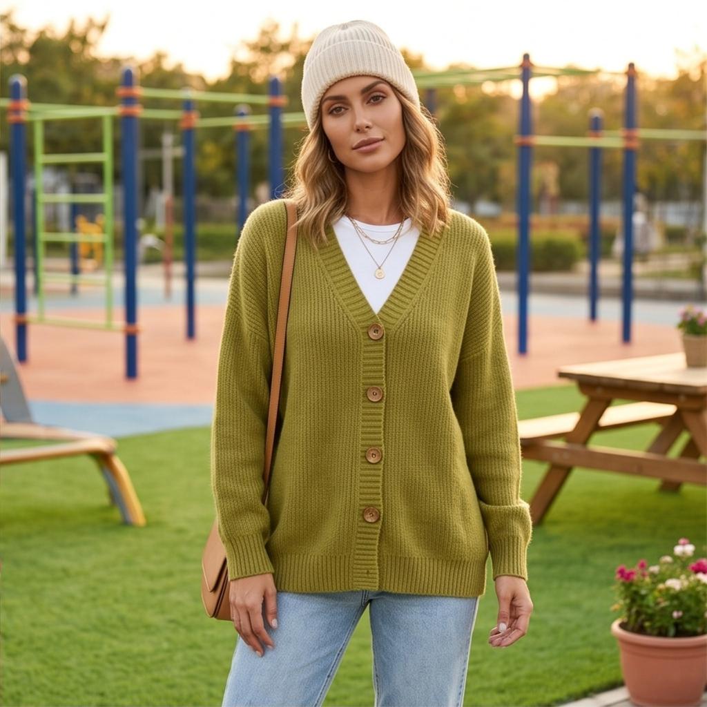 Women's Color V-Neck Button Front Knit Cardigan Long Sleeve