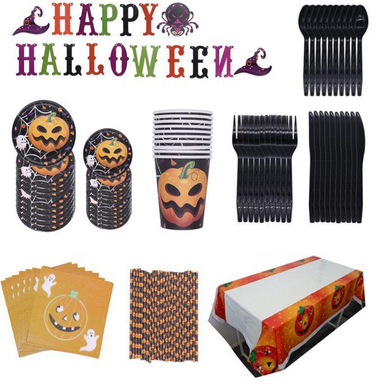 Halloween Party Decoration Supplies Including Pumpkin Tablecover And Straws**