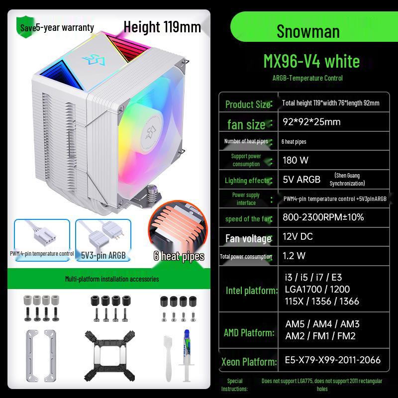 SNOWMAN Bingman MX96 Silent CPU Cooler, 6 Heat Pipes, Air Cooled, Compatible with 1700, X99, AMD, and 2011.