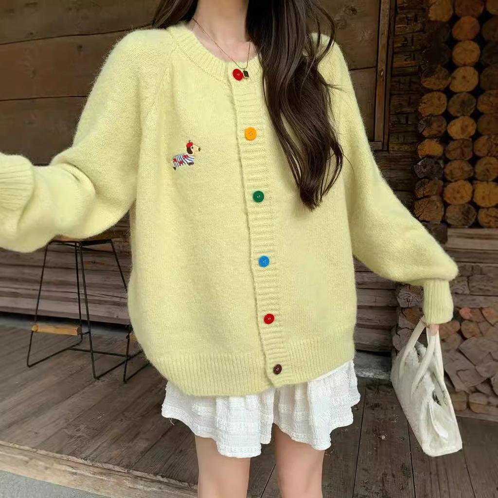 Dopamine Sweet Round Neck Colorful Buckle Dog Embroidery Long Sleeve Sweater Cardigan Women's Autumn Korean Versatile Top