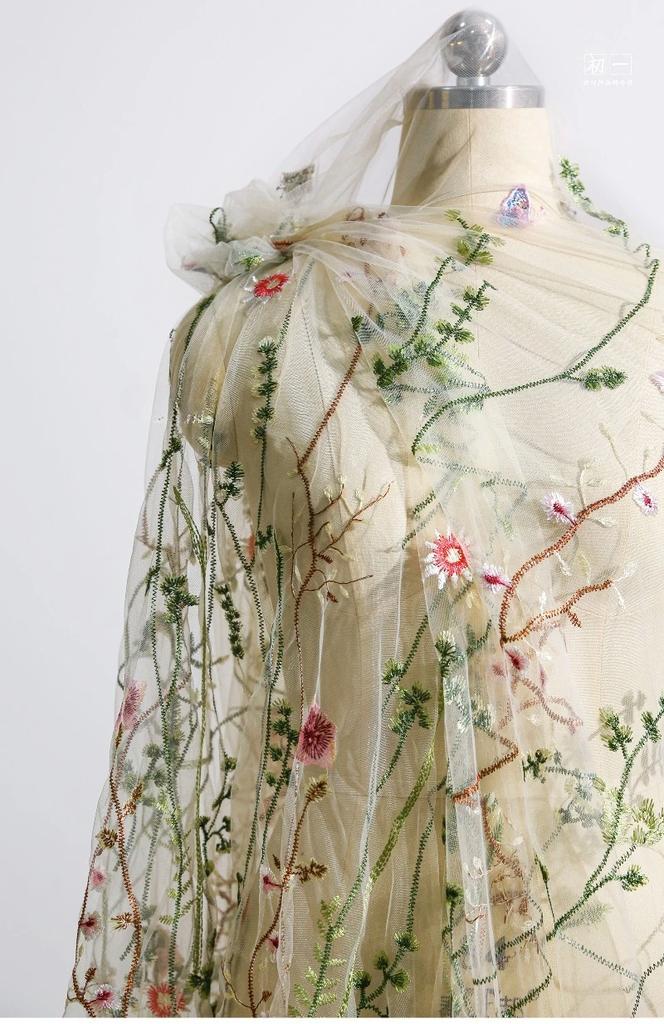 Forest-Style Vine Embroidery Fabric Embroidered Gradientmesh Yarn for Handmade DIY Sewing Gown Wedding Party Dress 100/300/500cm