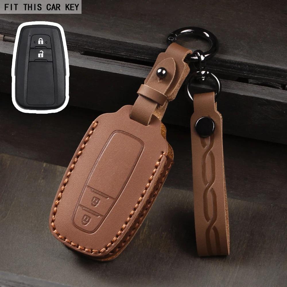 Leather Car Smart 3 Button Key Case Cover Bag Keychain for Toyota Avalon Camry RAV4 Prius CHR C-HR Corolla Land Cruiser Prado