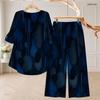 Women Plus Size Dark Blue Printed Two Piece Set Round Neck Half Sleeve High Low Top Wide Leg Pants