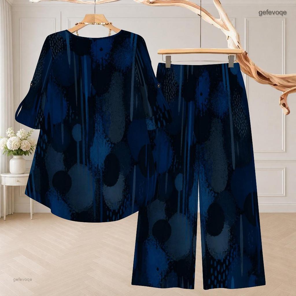 Women Plus Size Dark Blue Printed Two Piece Set Round Neck Half Sleeve High Low Top Wide Leg Pants