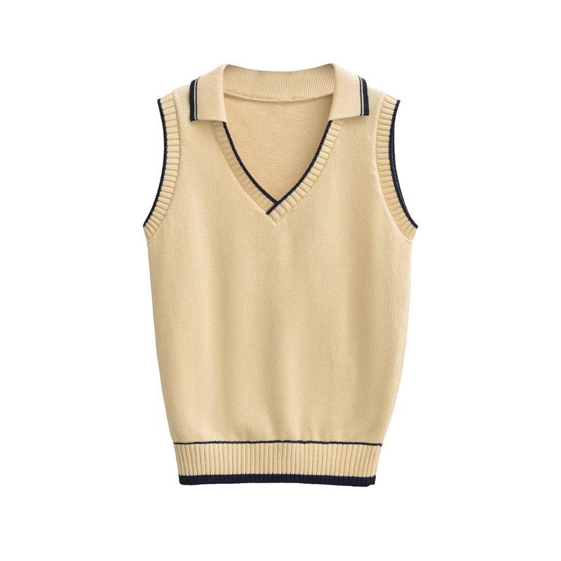 Women's Retro Color-Block Knit Vest: College Style, Polo Collar, Slim Fit, Elegant Camisole Layer