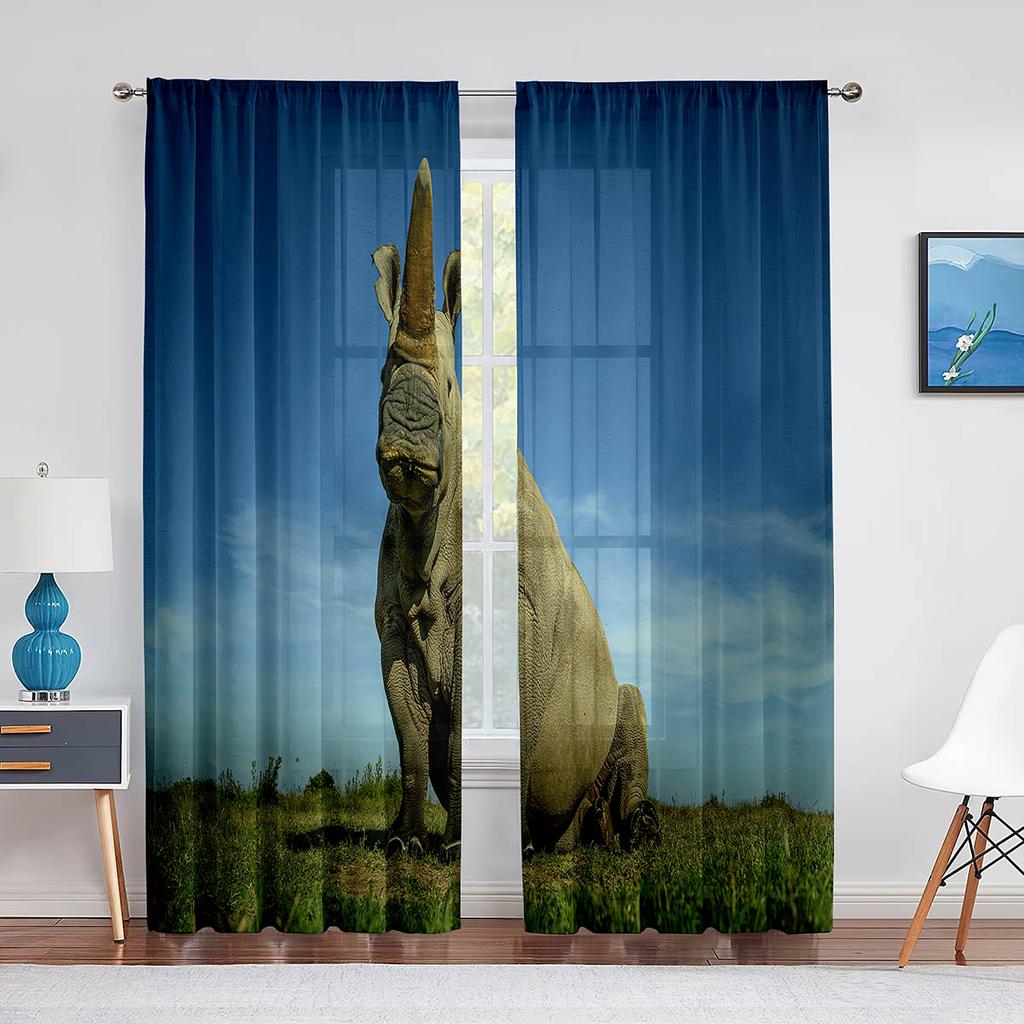 Wildtier Nashorn Grau Schwarz Tüll Vorhänge für Wohnzimmer Schlafzimmer Dekoration Transparent Chiffon Transparent Voile Fenstervorhang