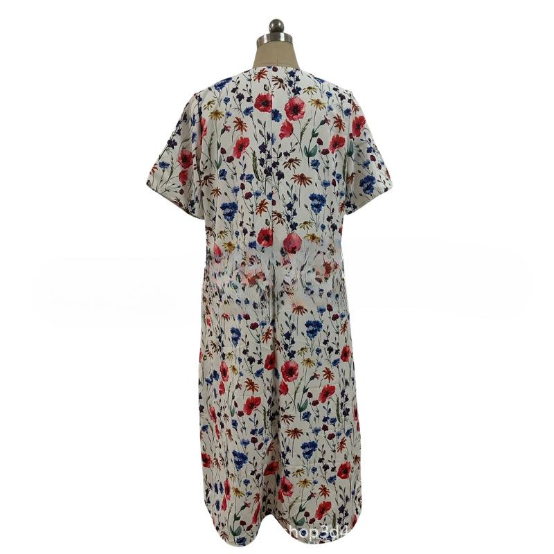 Frühlings- und Sommer-Freizeitkleider mit Druck für Damen in Übergröße Rundhals Kurzarm Locker Langes Kleid Damen Elegant Vintage Slim A-Linie Blumenkleid 26355