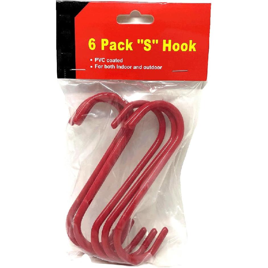 Red PVC Coated S Shape Utility Hook Set - Pack of 6, 5 inches Length, 1.3” Hook Opening