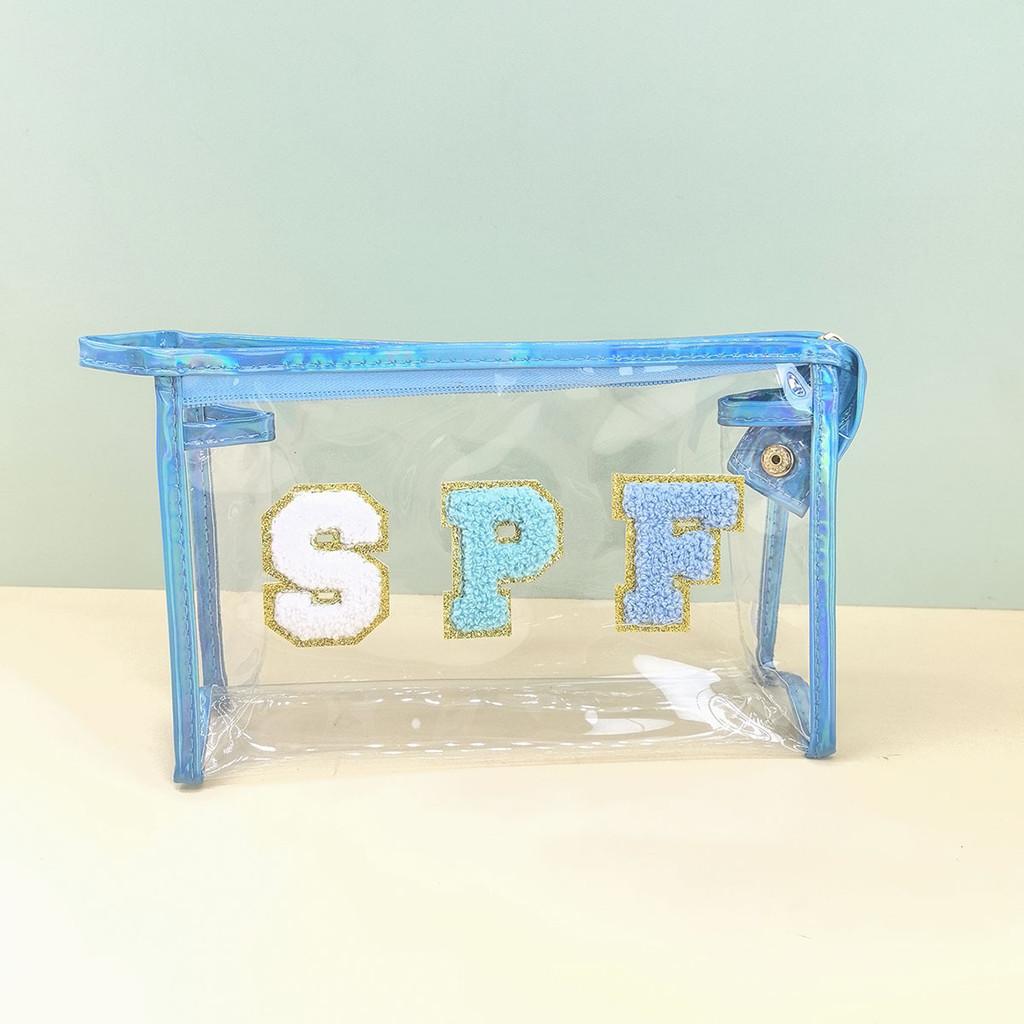 

Fashionable Pvc Makeup Bag With Letter Embroidery Convenient Waterproof Design синій