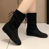 Large size flat bottom inner heightening suede fashion boots autumn and winter new rear lace-up stacking boots versatile women's boots