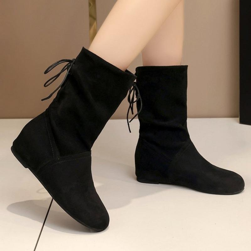 Large size flat bottom inner heightening suede fashion boots autumn and winter new rear lace-up stacking boots versatile women's boots