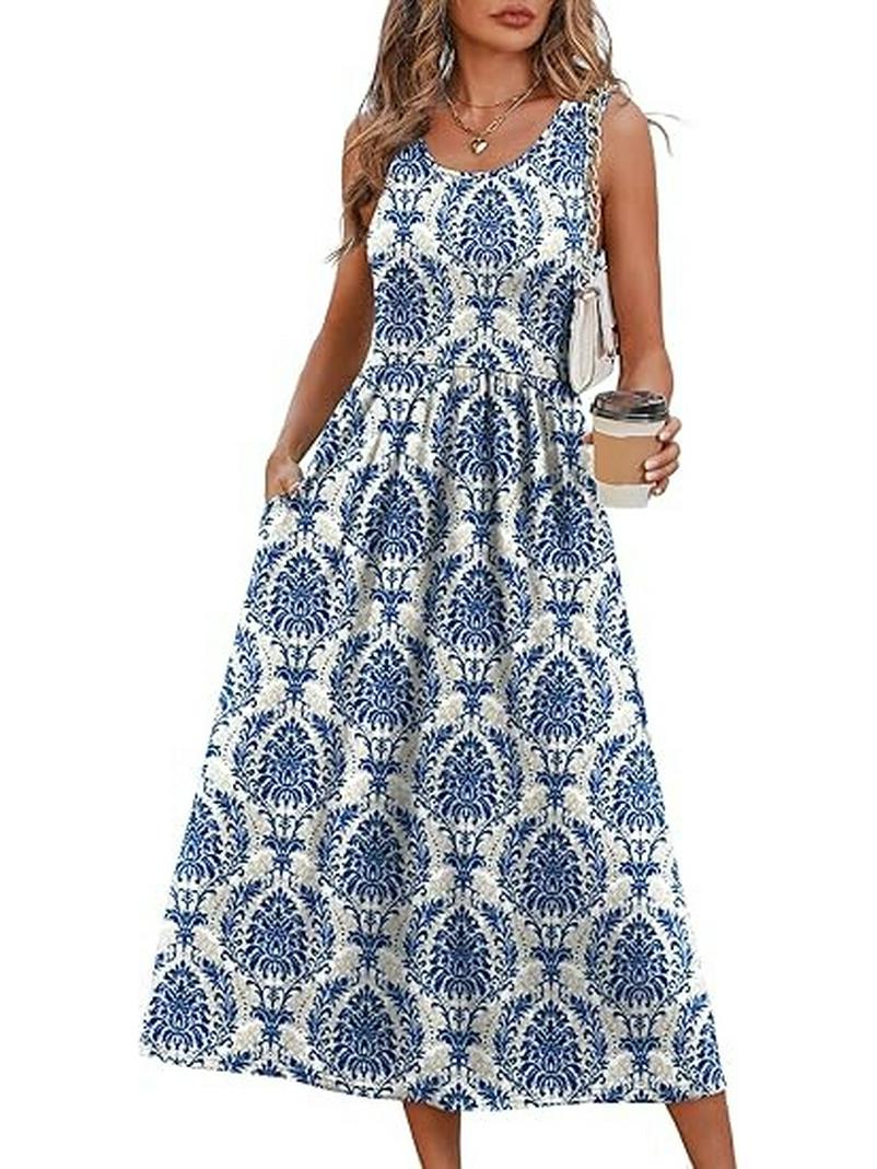

Summer Halter Print Maxi Dress with Pockets - Women s Sleeveless European and American Style M