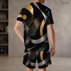 Men s Plus Size Dark Green Gold Printed Round Neck Short Sleeve Top And Shorts Two Piece Set