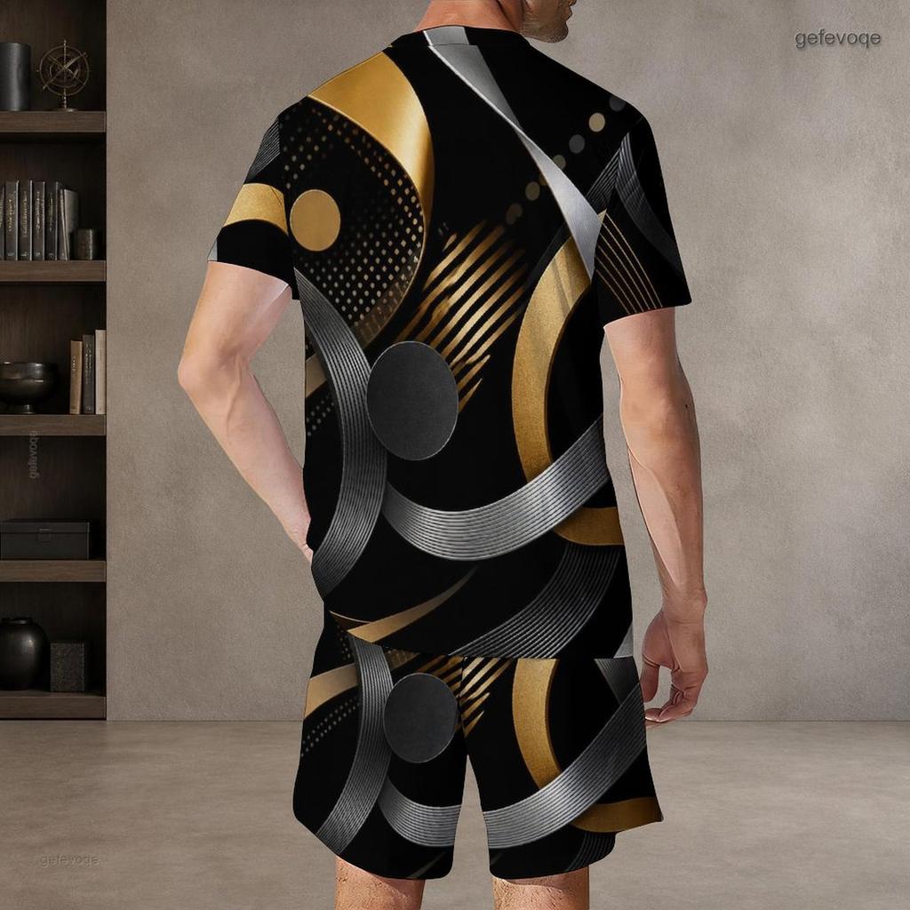 Men s Plus Size Dark Green Gold Printed Round Neck Short Sleeve Top And Shorts Two Piece Set