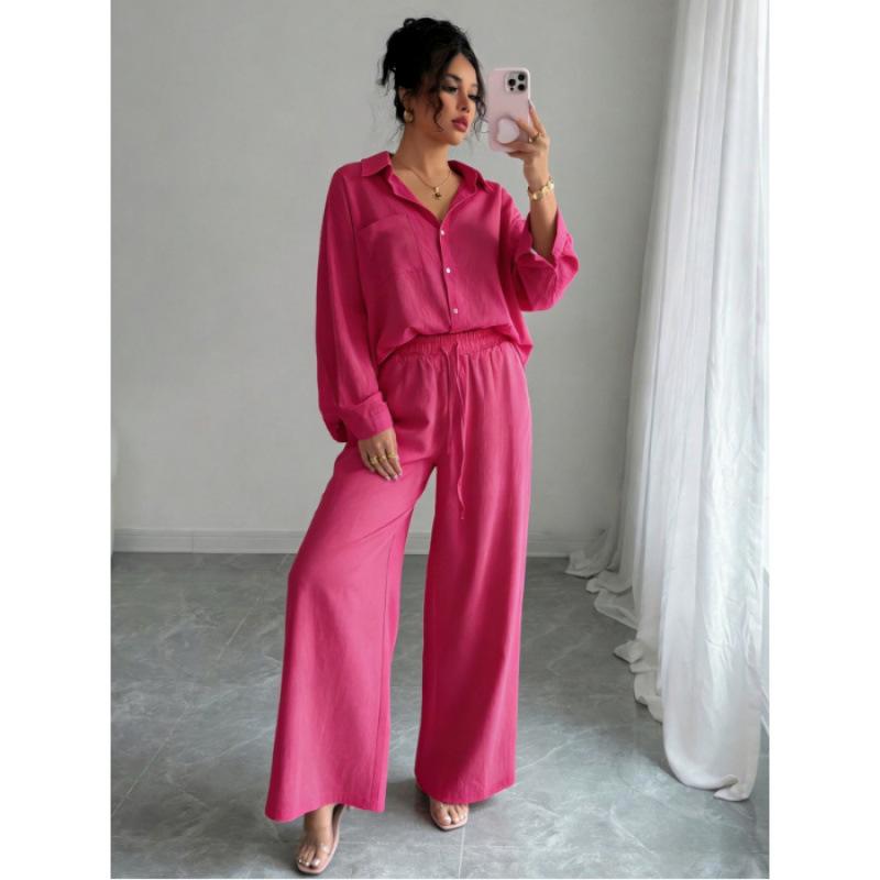 Spring Fashion Plus-Size Women's Two-Piece Set: Linen-Style Shirt & High-Waisted Loose Pants