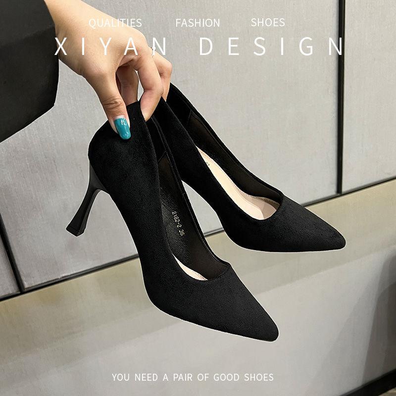

High heels women s 2025 new suede black sexy versatile student etiquette uniform stiletto professional work shoes 40