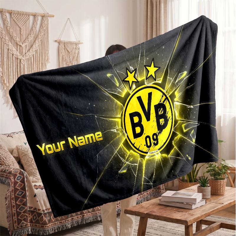 Borussia Dortmund Personalisierte Fleecedecke Mit Fußballlogo, Individueller Name Text Weiche Warme Wohndecke