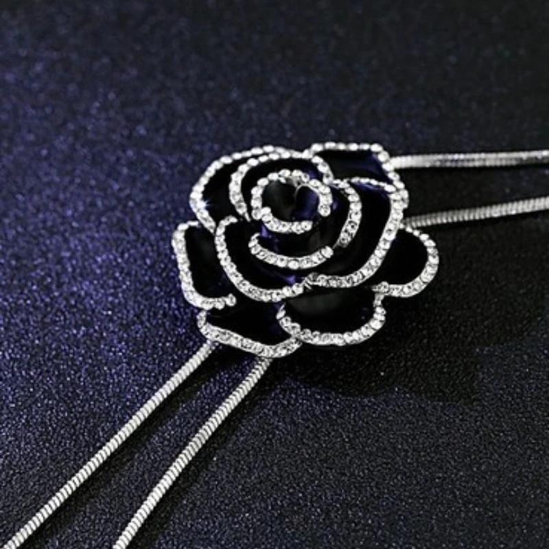 Fashion Fresh Black Rose Flower Long Tassel Sweater Chain Necklace for Women Retro Charm Zircon Pendant Temperament Zircon Gift