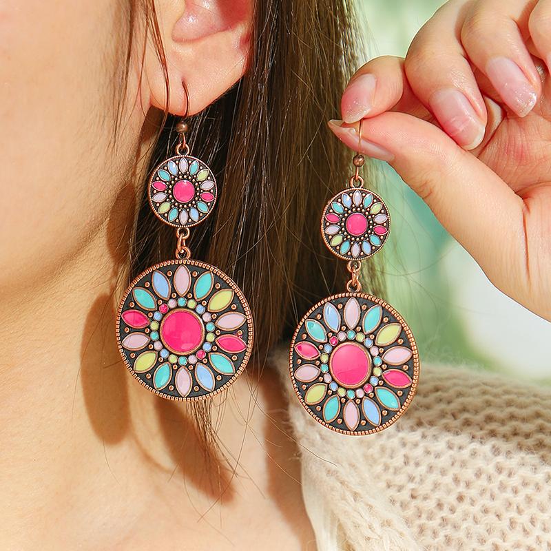 New Boho Ethnic Fashion Colorful Drop Oil Round Earrings For Women Sum Flower Enameled Distinctive Sweet Vacation Jewelry Gift