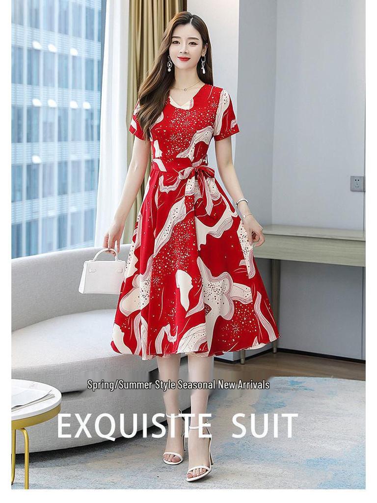 Abito estivo da donna a maniche corte, con scollo a V, vita stretta, lunghezza media, stile coreano