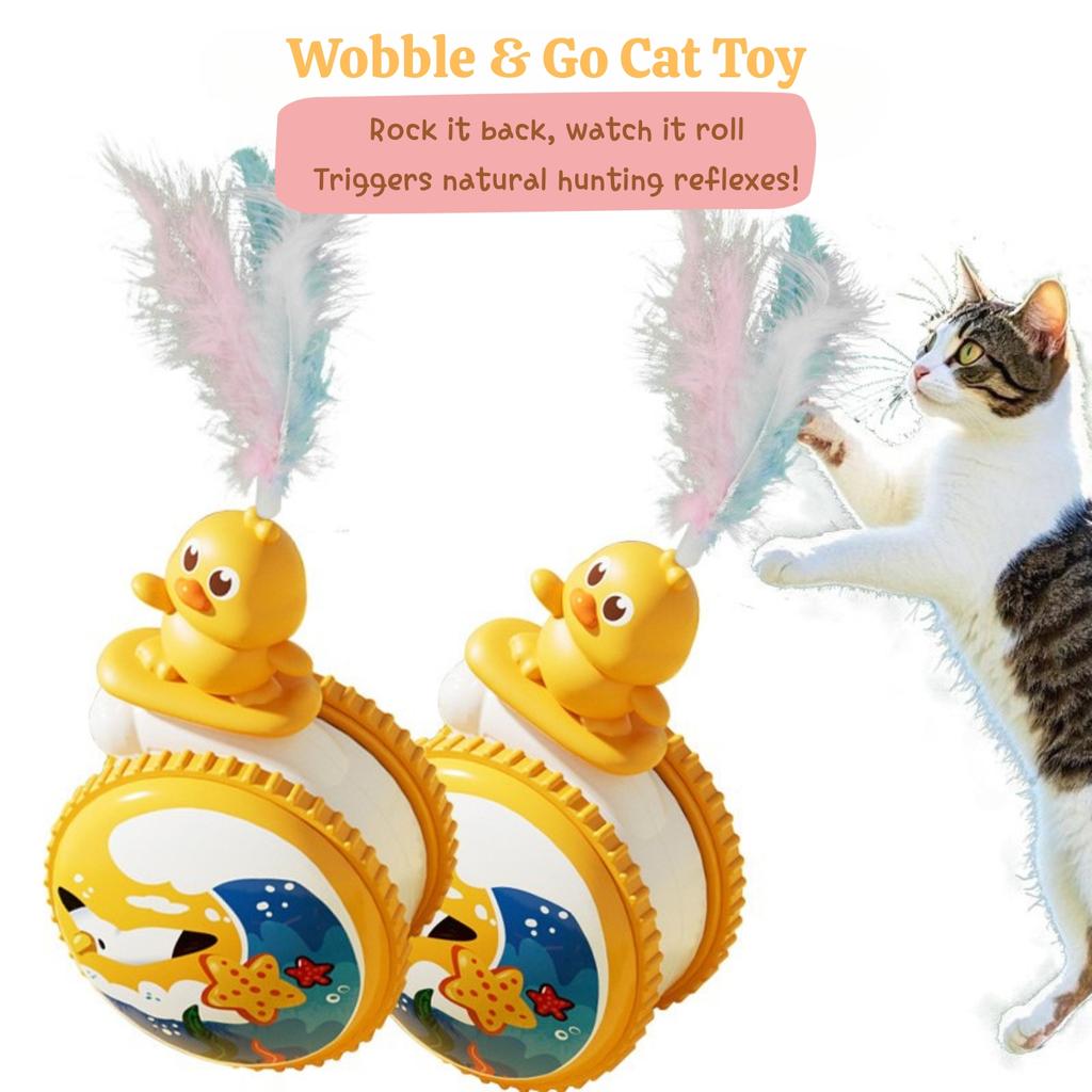 Interactive Cat Wobble Toy with Ball, Feathers & Soft Plush - 360° Rotating Automatic Bouncing Kitten Play Toy for Teeth Biting