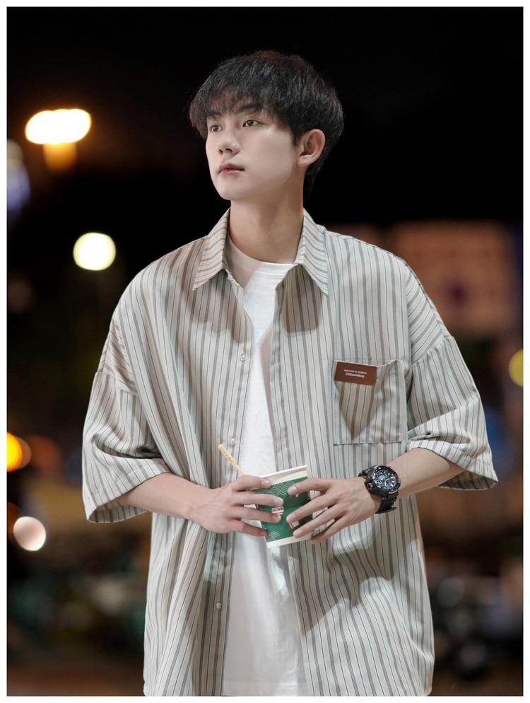 Men's Retro Striped Short Sleeve Pique Shirt - Summer Trendy Loose Fit Plus Size Jacket