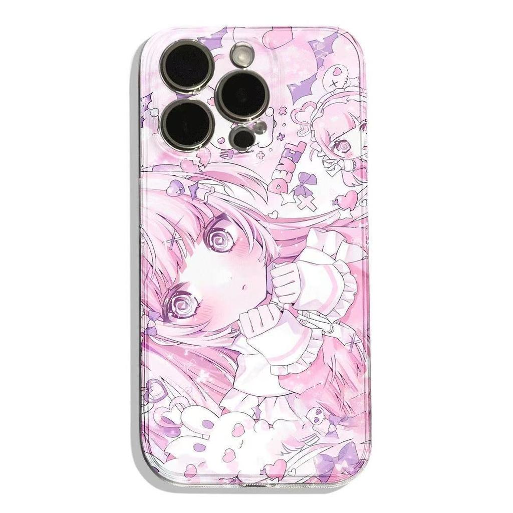 Pastel Pink Chibi Anime Girl Pattern Phone Case for iPhone 17 16 15 14 13 12 11 16E Series Pro Max Plus Double Layer Protection