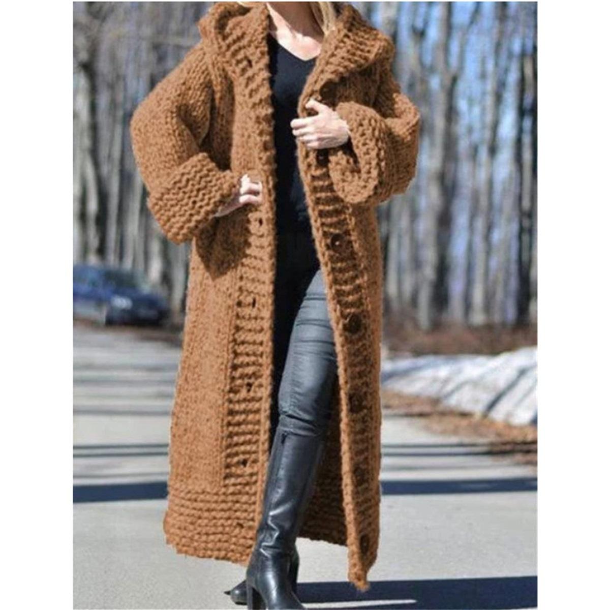 Damen Grobstrick Kapuzen-Langstrickjacke Übergroßer Lockerer Pullovermantel Winter-Oberbekleidung M khaki