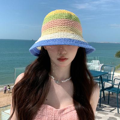 New Hat Women's Knitted Rainbow Straw Hat Summer Travel Visor Hat Bucket Hat Sun Protection Visor Tide