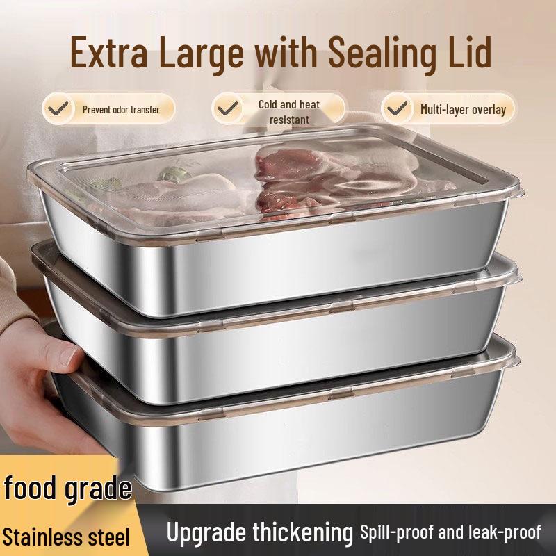 Rectangular Stainless Steel Food Storage Picnic Box with Lid - Portable, Outdoor, Fresh-Keeping Container and Hot Pot for Students.