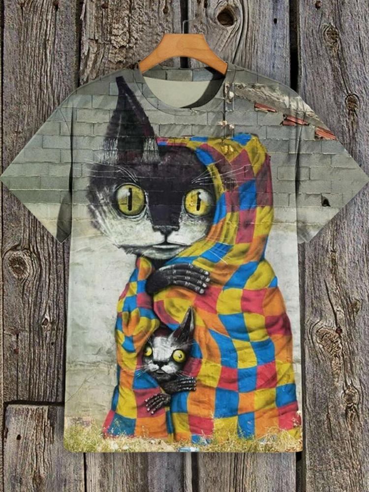 Japanese Ukiyo-e Animal Men's T-shirt with Cute Cat Pattern Print