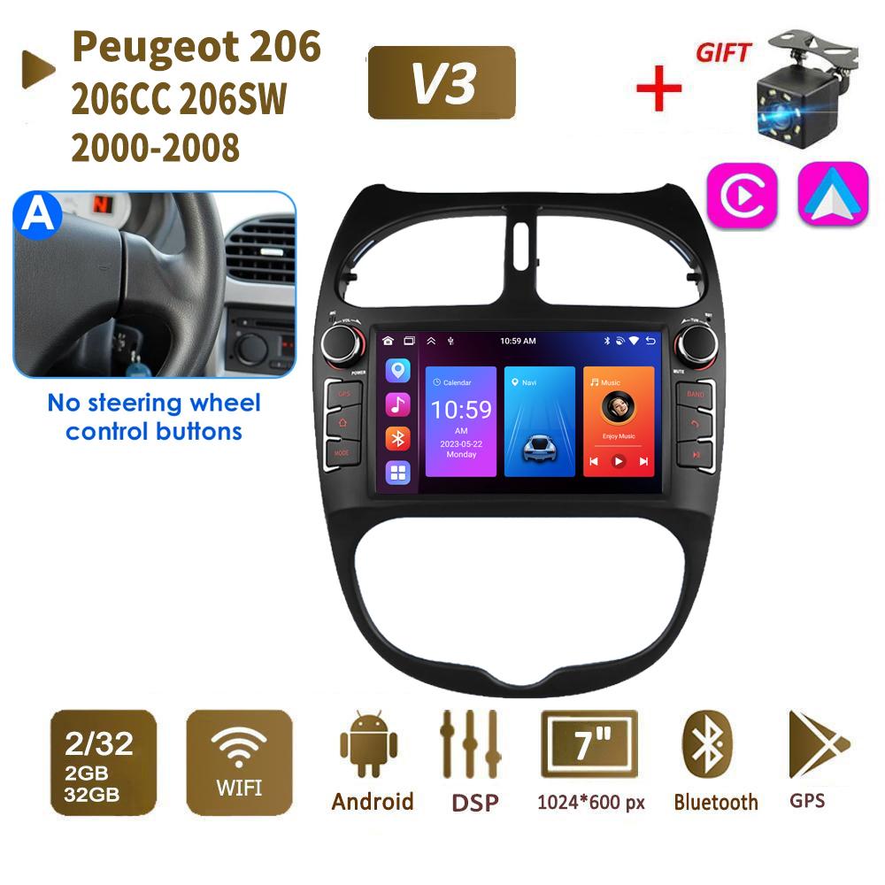 2 DIN autorádio s Androidem pro PEUGEOT 206 206CC 206SW 2000-2008 Auto Multimedia Player WIFI GPS Autoradio Carplay Navi 2+64GB