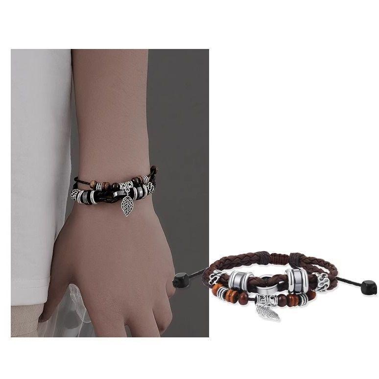 Herren Retro Mehrschicht Leder Baumblatt Armband - Handgewebt, Schlicht, Studentenfreundlich und Ideal für Paare.