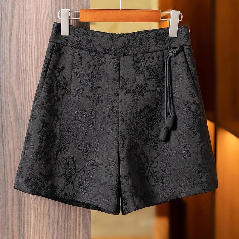 Women's Black Jacquard Shorts High Waist Chinese Knot Decor Wide-Leg Casual Shorts